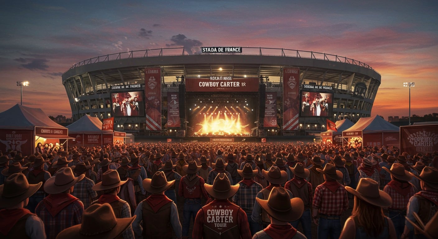 Beyoncé enflamme le Stade de France avec son Cowboy Carter Tour ! Découvrez le défilé des fans en mode western et l'ambiance unique du concert.