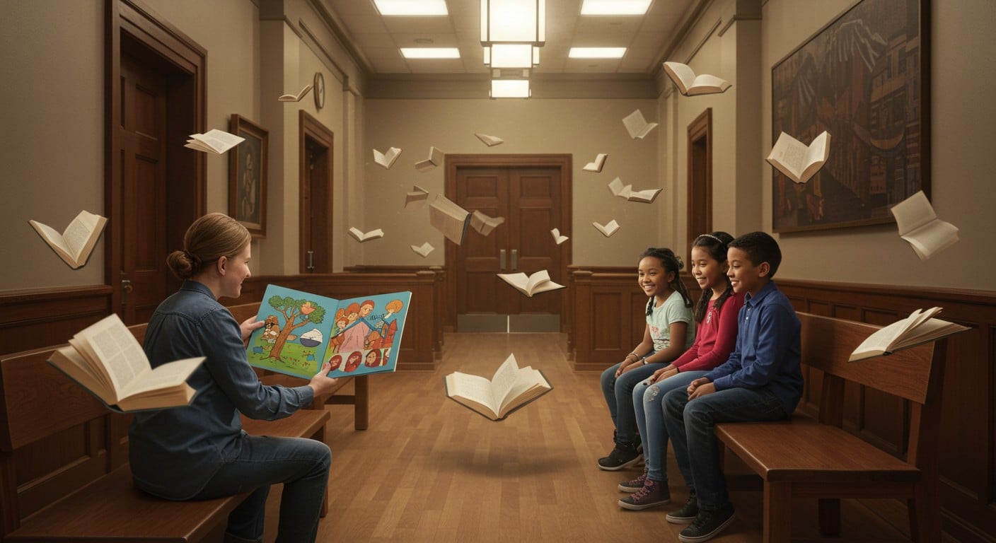 Dans un tribunal, des albums illustrés apaisent les enfants stressés. Découvrez comment la lecture transforme l’attente en moment de réconfort.