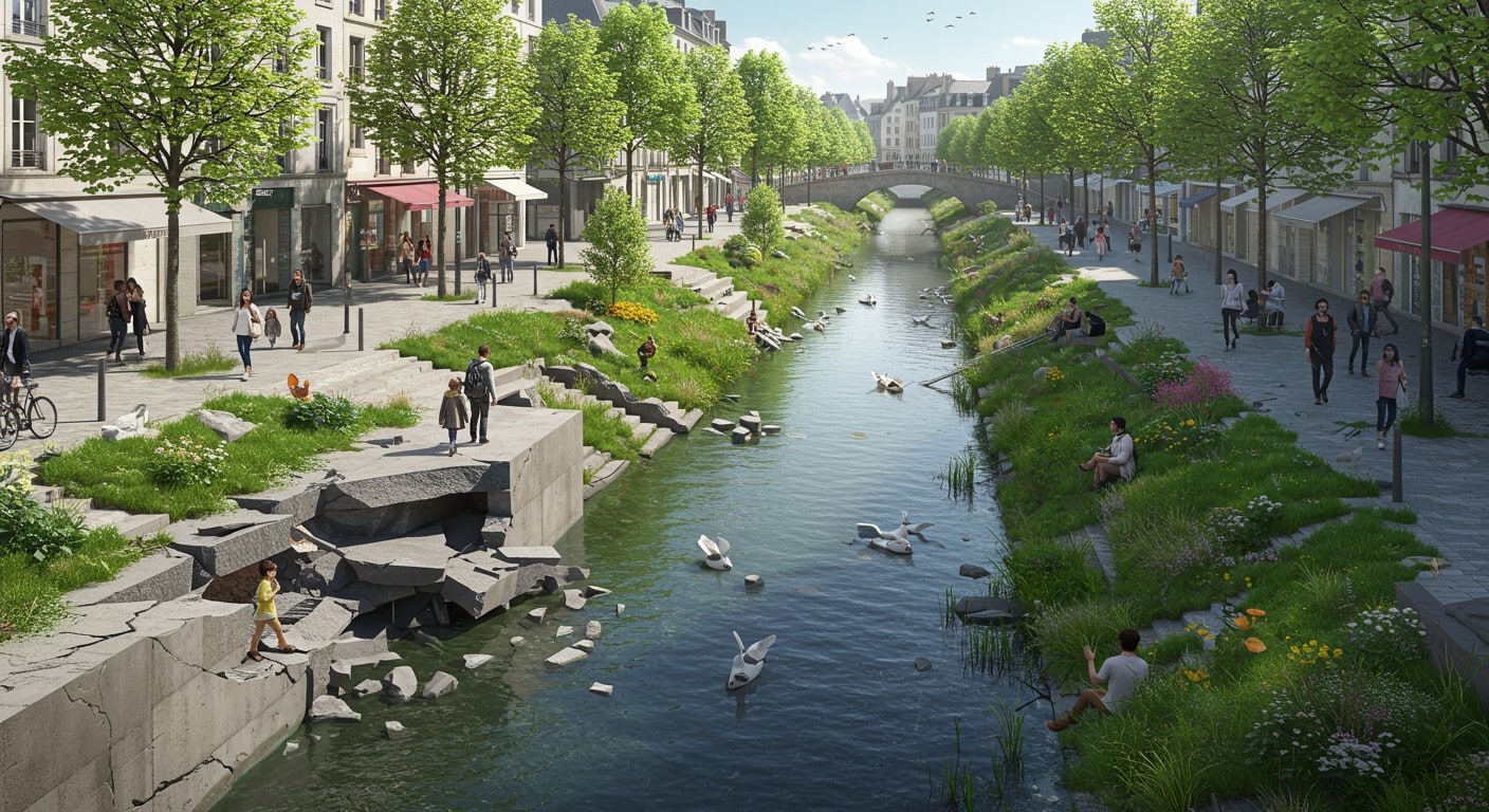 Rennes libère la Vilaine du béton pour s’adapter au climat. Un projet écologique ambitieux, mais critiqué par les commerçants. Découvrez les enjeux !
