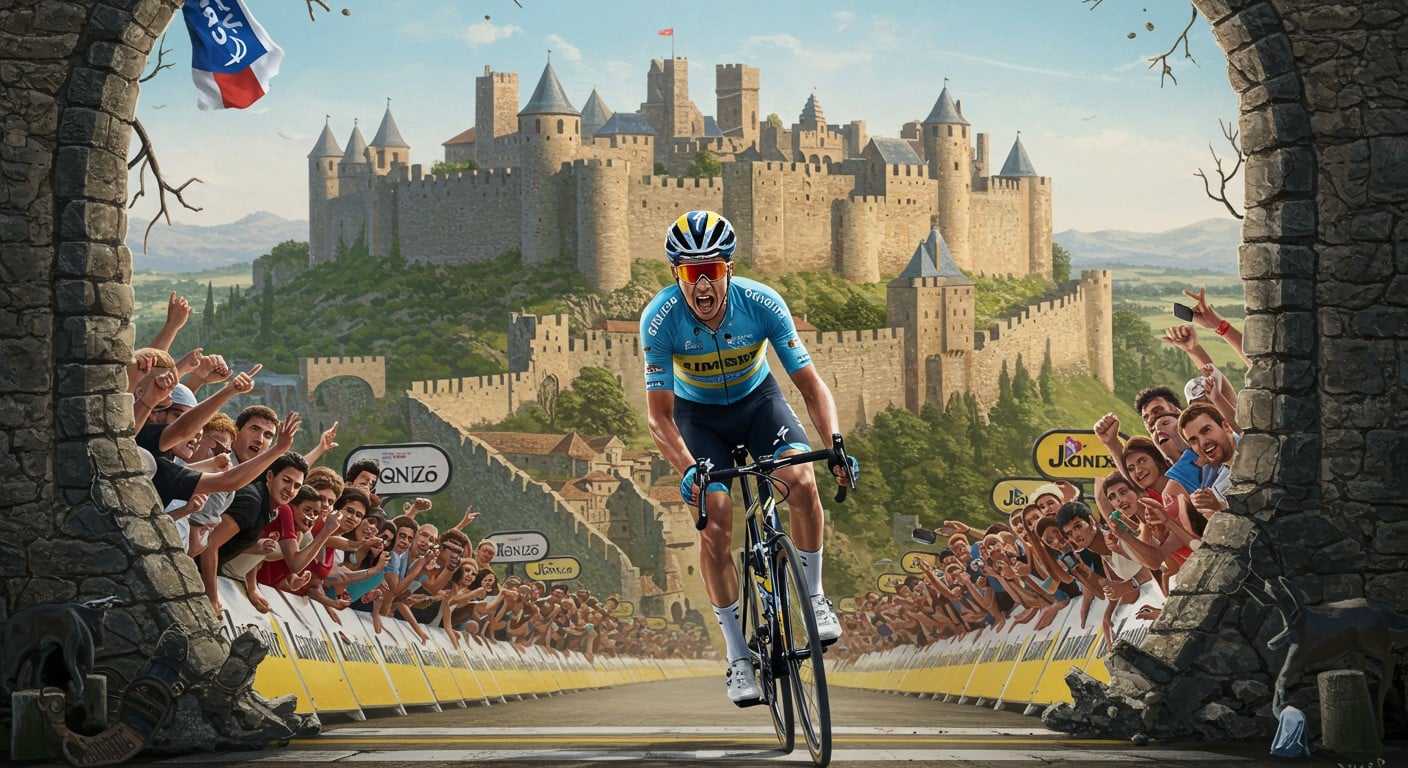 Julian Alaphilippe croit gagner l’étape à Carcassonne, mais une chute et une radio défaillante le trompent. Revivez ce moment intense du Tour de France 2025 !