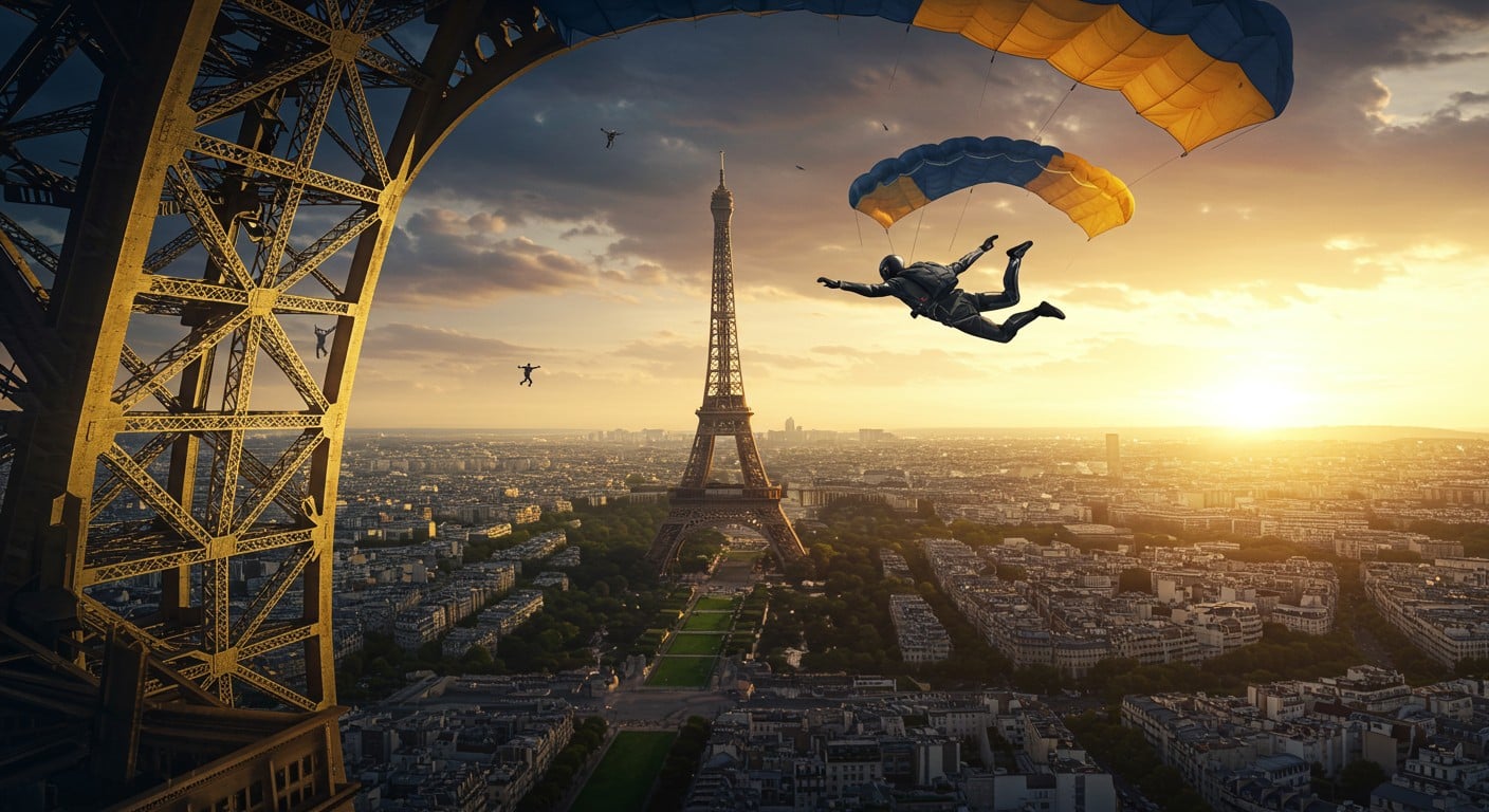 Deux hommes sautent en parachute de la Tour Eiffel à l’aube. Un exploit audacieux qui questionne la sécurité du monument. Découvrez les détails !