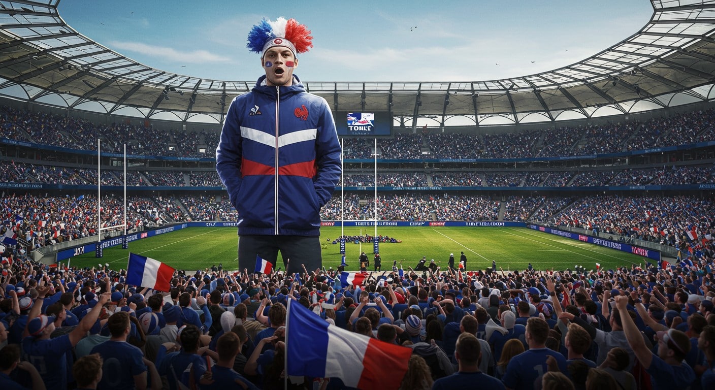 Ben Tameifuna, pilier de Bordeaux, en veste tricolore à Hamilton pour soutenir les Bleus face aux All Blacks. Découvrez ce moment unique de la tournée !