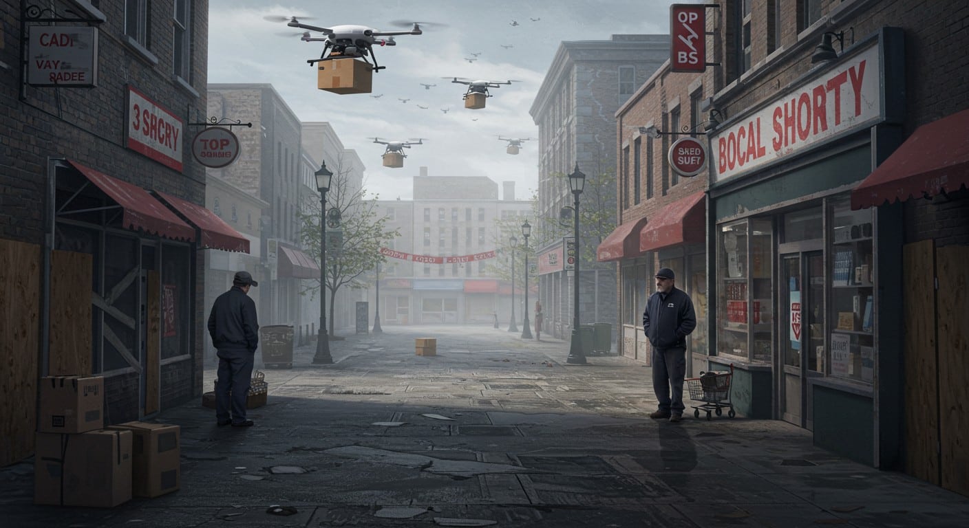Le commerce local face à l'e-commerce : une ville vidée de ses boutiques, envahie par les drones. Découvrez les enjeux et solutions pour sauver nos centres-villes.