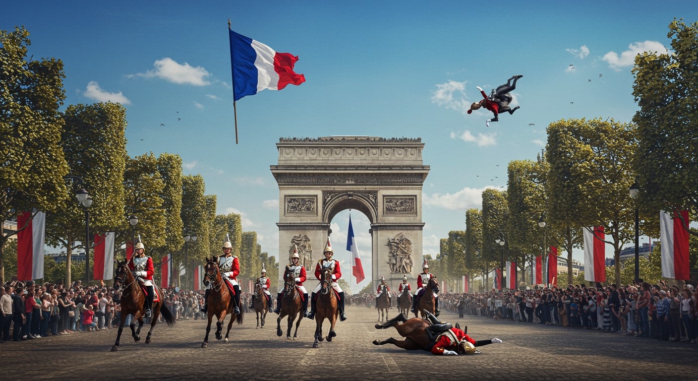 Revivez le défilé du 14 Juillet à Paris : chute d’un cavalier, cheval en divagation et instants marquants de la Fête nationale. Découvrez les détails !