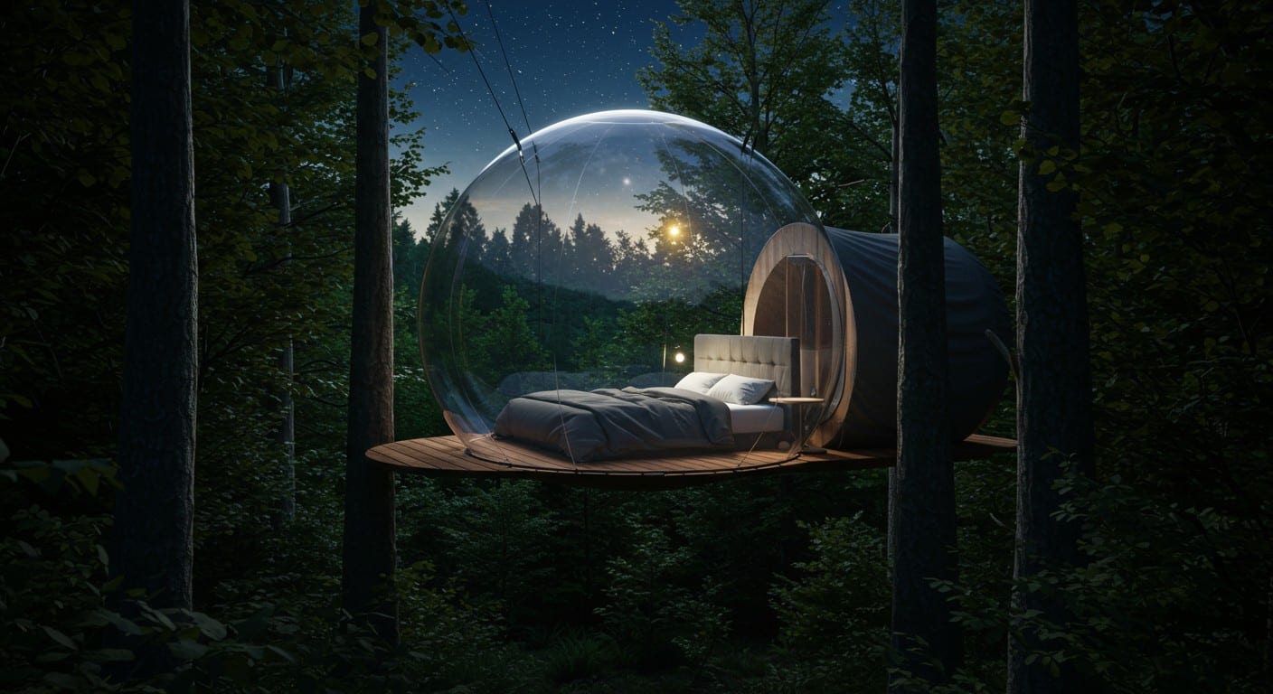 Passez une nuit magique dans une bulle transparente suspendue à 15 m dans la forêt de Fontainebleau. Une expérience insolite à découvrir !