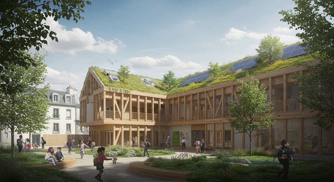À Issy-les-Moulineaux, une école durable avec ossature bois et toit végétalisé défie le changement climatique. Découvrez ce projet écologique innovant !