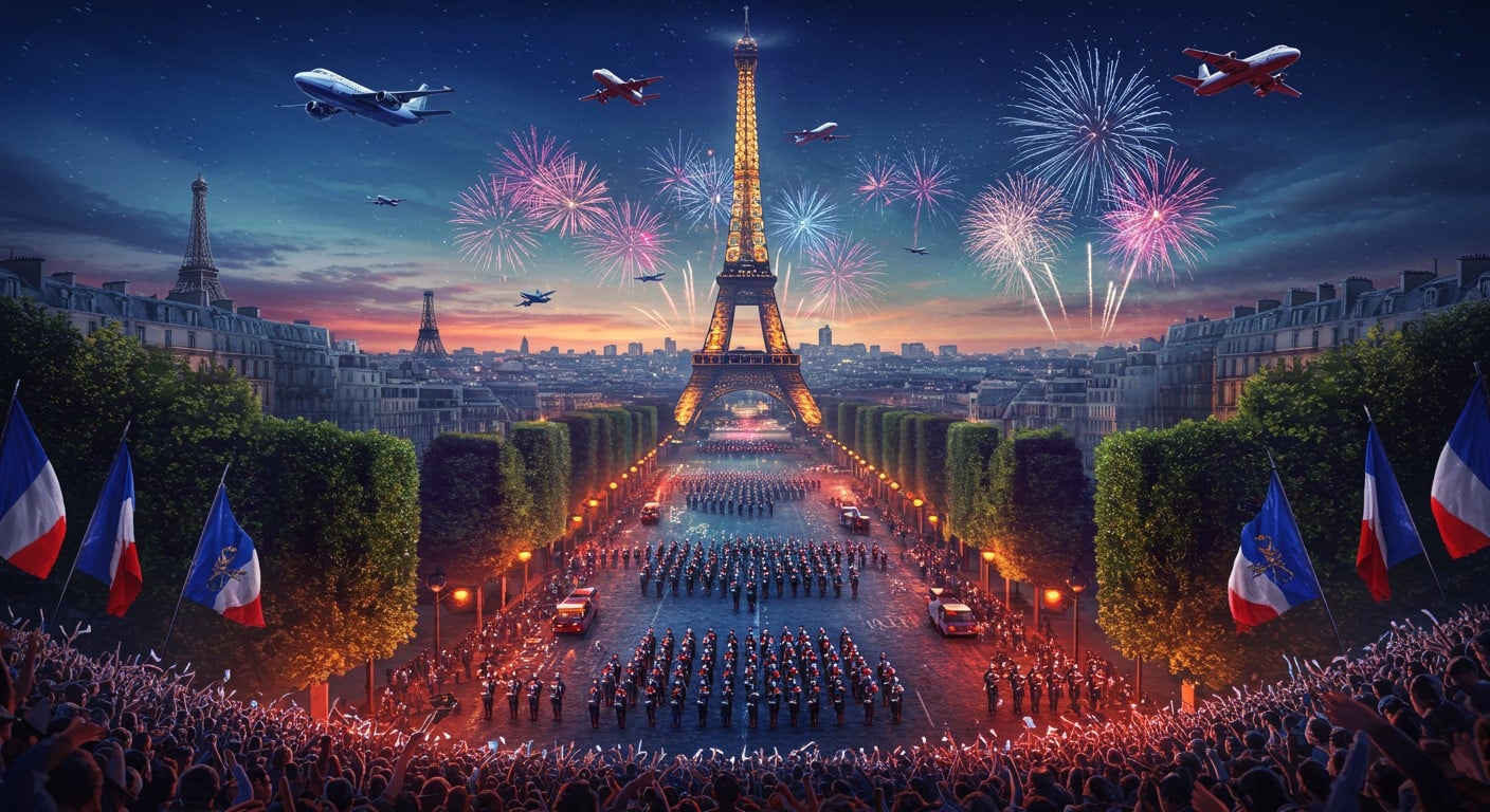 Découvrez le défilé du 14 Juillet 2025 à Paris, ses temps forts, le feu d’artifice avec drones et les restrictions. Suivez l’événement en direct !