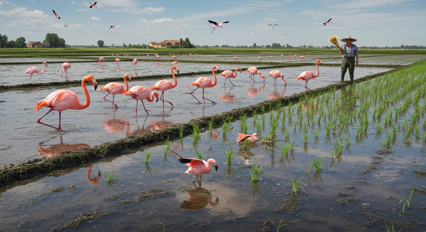 Les flamants roses envahissent les rizières italiennes, menaçant la production de riz à risotto. Découvrez les impacts et solutions envisagées.