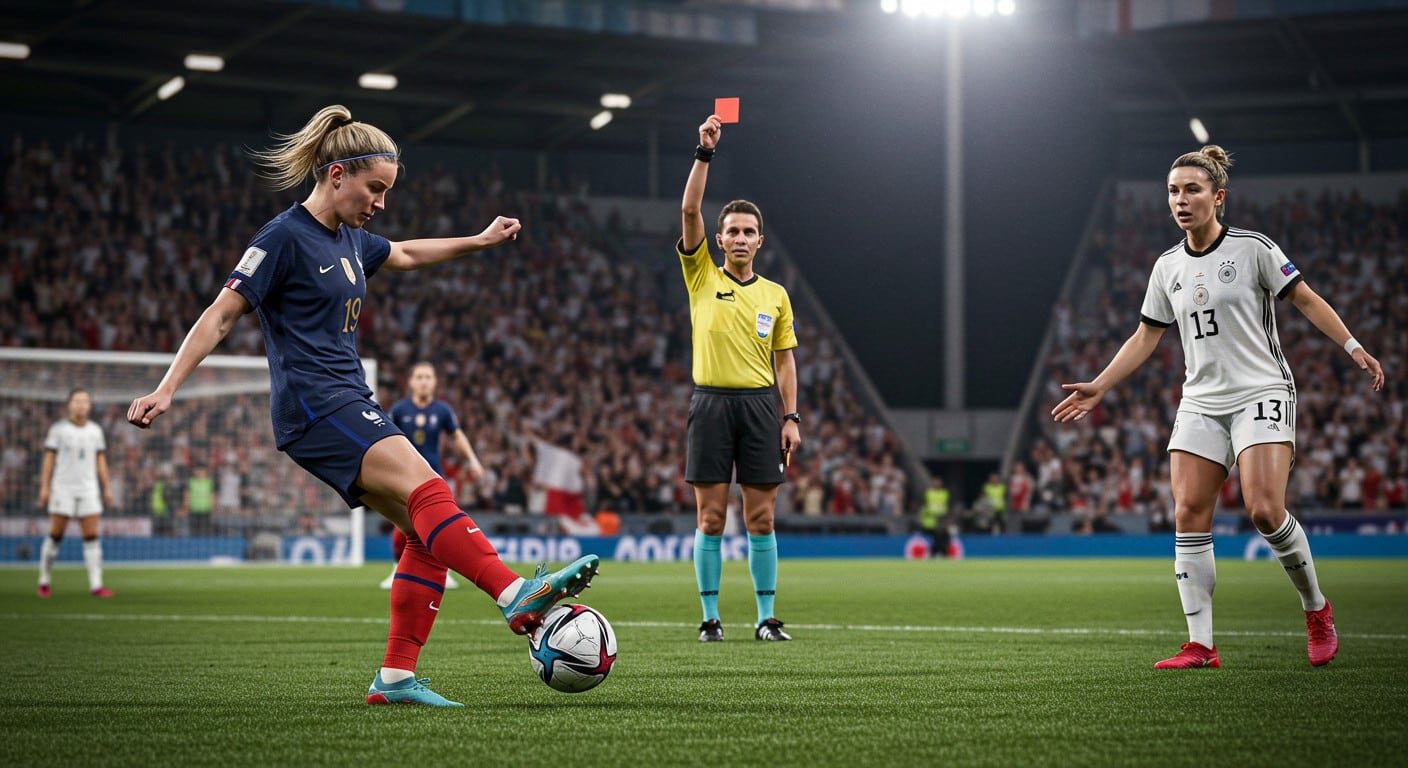 France-Allemagne à l’Euro féminin 2025 : pénalty de Geyoro, carton rouge pour un tirage de cheveux. Revivez ce quart de finale intense !