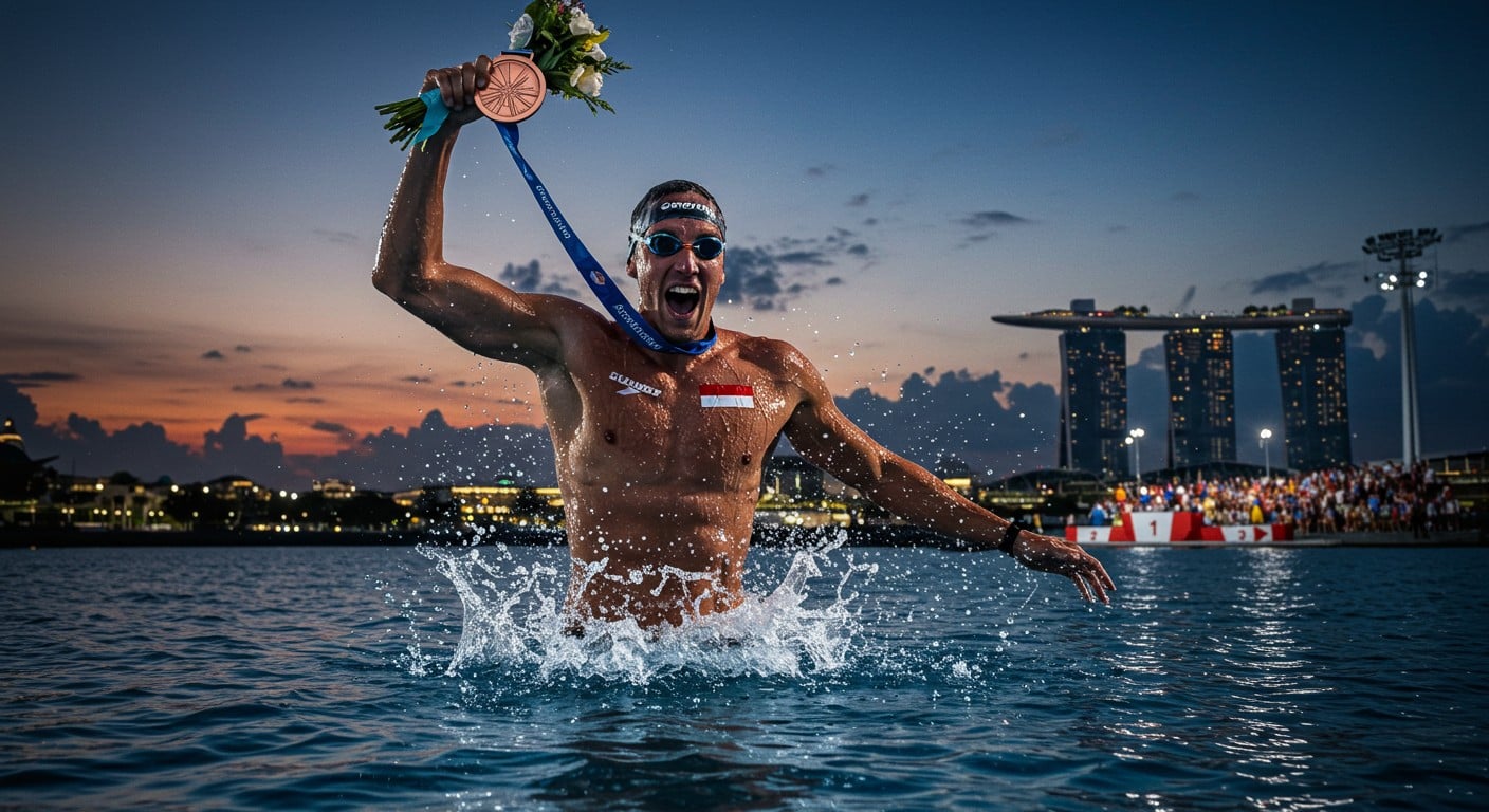 Marc-Antoine Olivier décroche le bronze en eau libre à Singapour. Découvrez son parcours, sa résilience et l'émotion d'un podium unique !