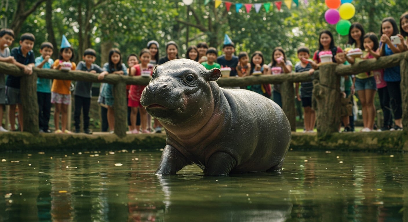 Moo Deng, bébé hippopotame viral, célèbre son premier anniversaire en Thaïlande. Découvrez son impact mondial et sa lutte pour la conservation !