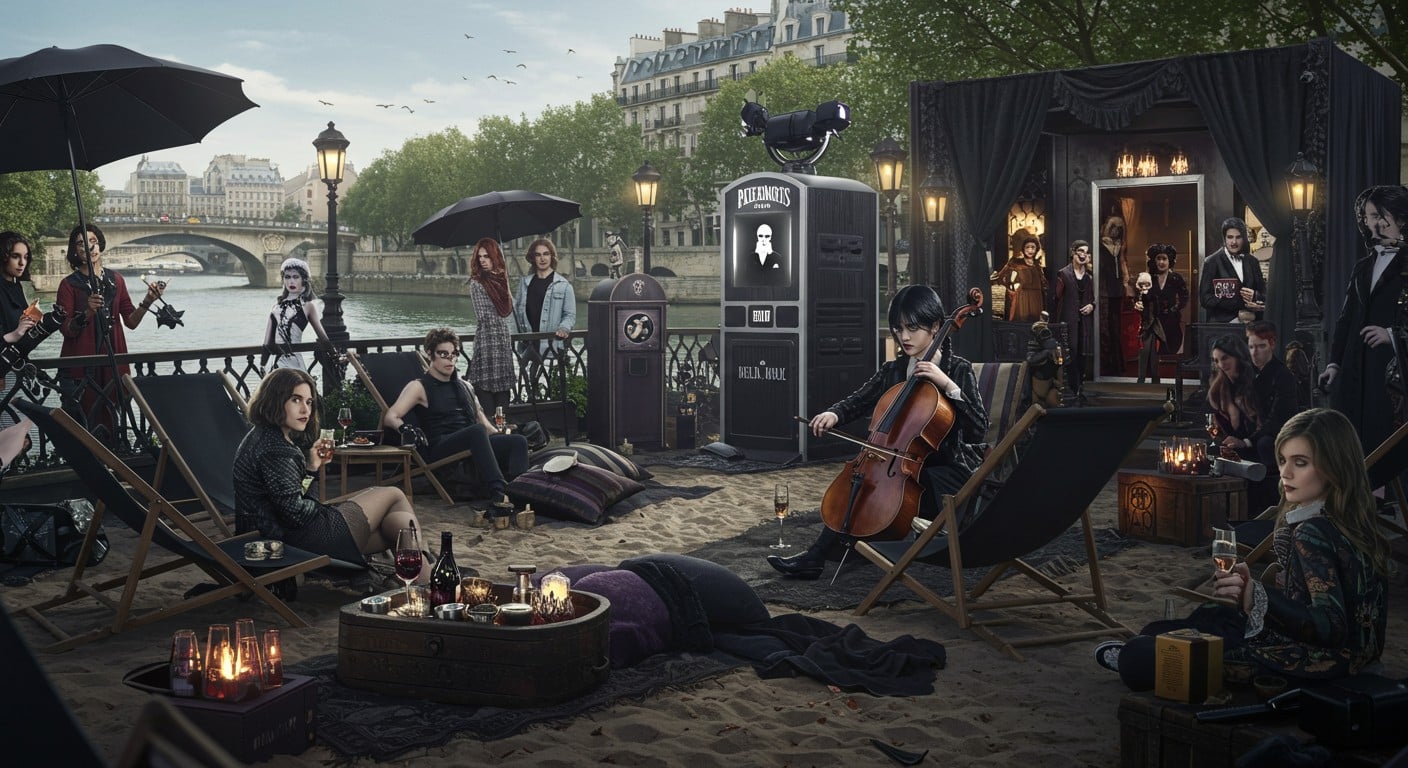 Découvrez le Beach Club Mercredi Addams à Paris-Plages 2025 ! Ambiance gothique, animations gratuites et décors uniques du 1er au 31 août.