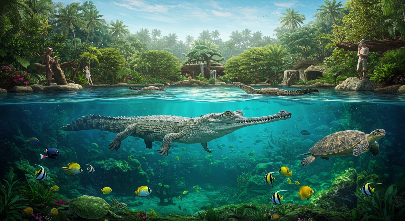 Découvrez les gavials du Gange à Biotropica, dans un enclos unique avec vue sous-marine. Une expérience immersive au cœur de la biodiversité asiatique !