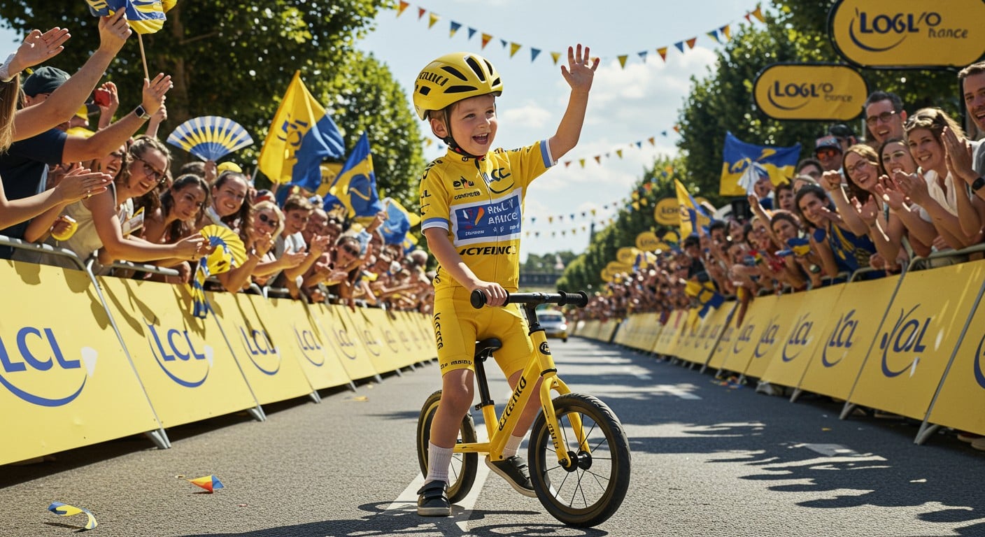 À 4 ans, Scott Theuns vole la vedette au Tour de France 2025 avec sa draisienne et ses autographes. Découvrez l’enfant star qui charme le peloton !