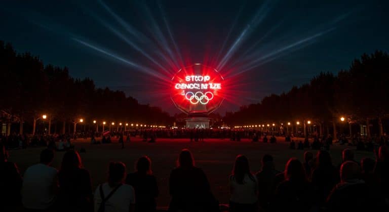 Stop Génocide Gaza : Message Projeté sur la Vasque Olympique