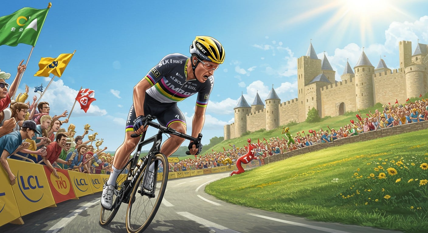 Revivez la folle journée de Julian Alaphilippe au Tour de France 2025 : blessure, sprint et désillusion à Carcassonne. Un récit captivant !
