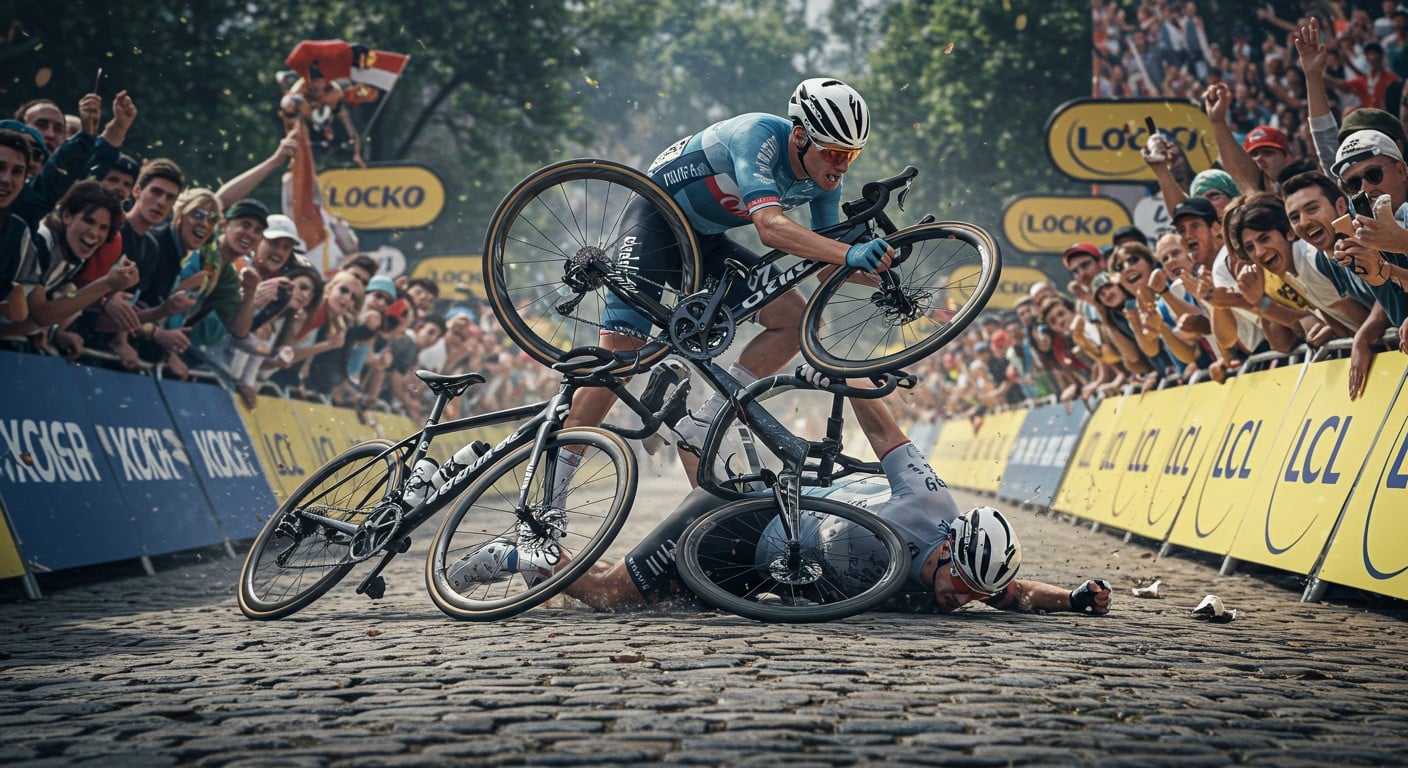 Revivez la chute improbable de deux Français au sprint du Mont Cassel lors du Tour de France 2025. Drame, suspense et maillot à pois : découvrez l’histoire !