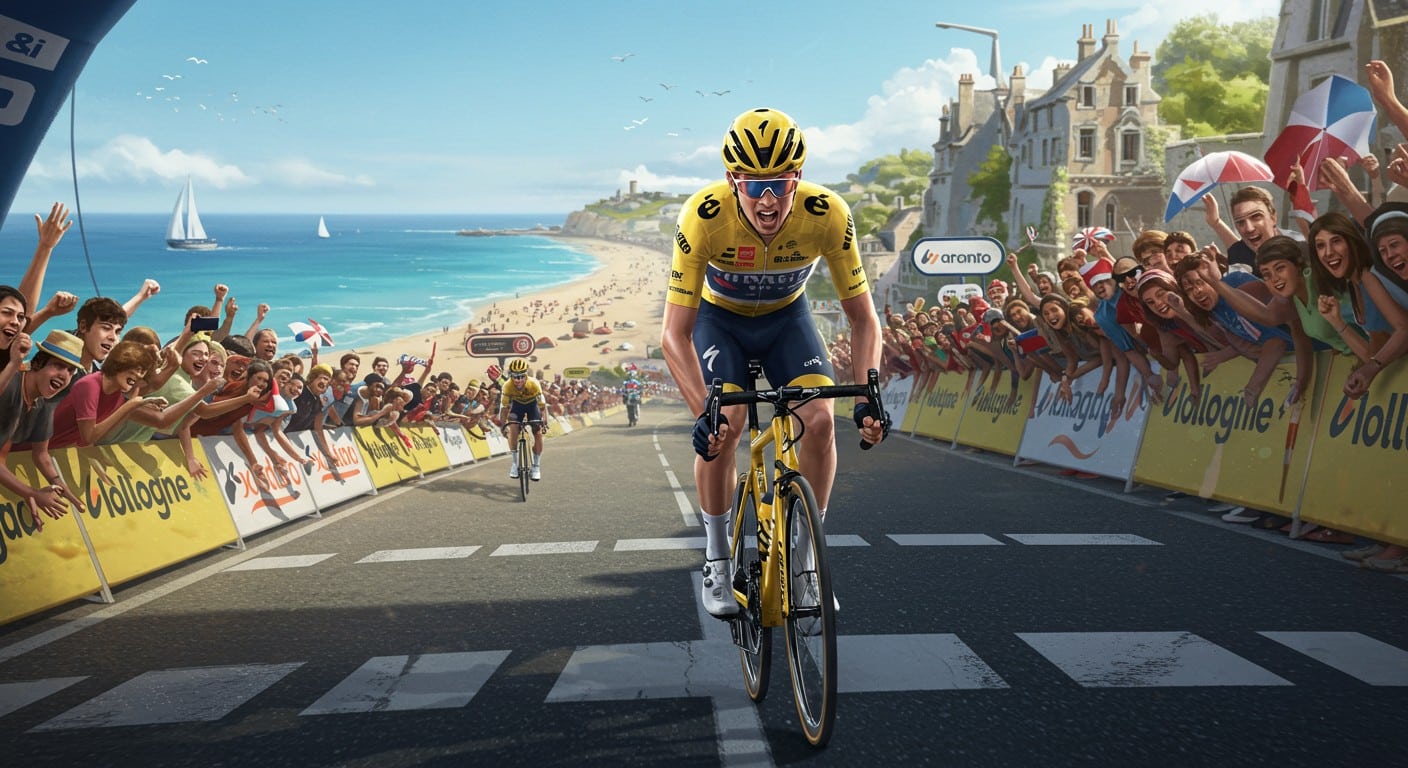 Mathieu Van der Poel s’empare du maillot jaune lors de l’étape 2 du Tour de France 2025. Découvrez le classement général et les moments forts !