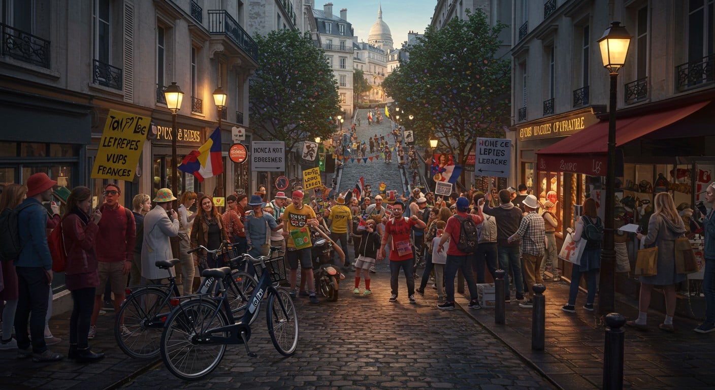 L'ambiance monte rue Lepic pour le Tour de France 2025 ! Supporters, Vélib’ et pancartes envahissent Montmartre avant l’arrivée des coureurs.