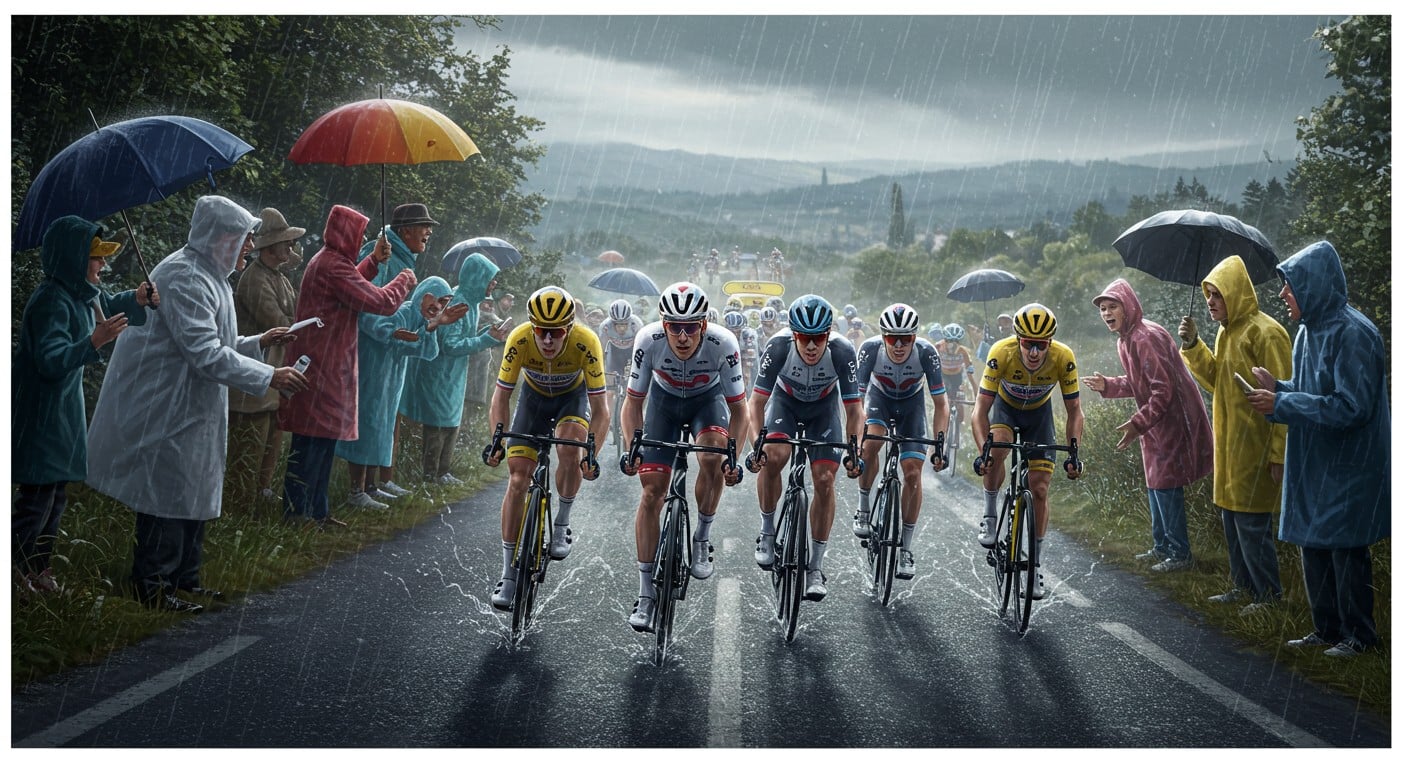 Pluie battante au Tour de France 2025 : le départ de la 2e étape à Lauwin-Planque est décalé. Suivez les défis des coureurs sur les routes du Nord !