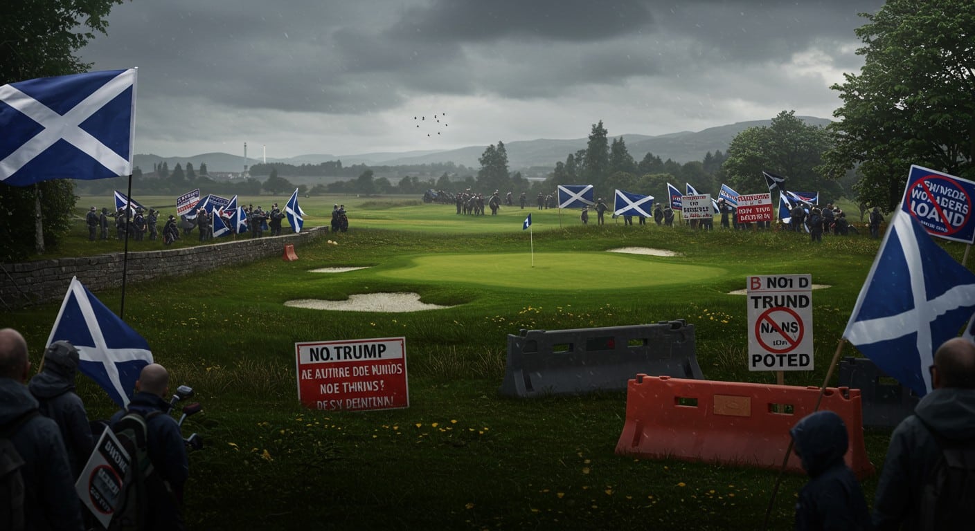 Trump joue au golf en Écosse sous haute sécurité, suscitant des manifestations. Découvrez les tensions et les enjeux diplomatiques de sa visite.