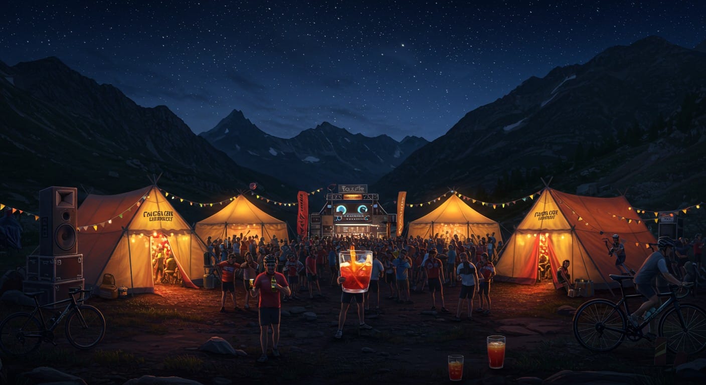 Plongez dans l'ambiance électrique d'une nuit au col du Tourmalet avant l'arrivée des coureurs du Tour de France 2025. Fête, passion et cyclisme !