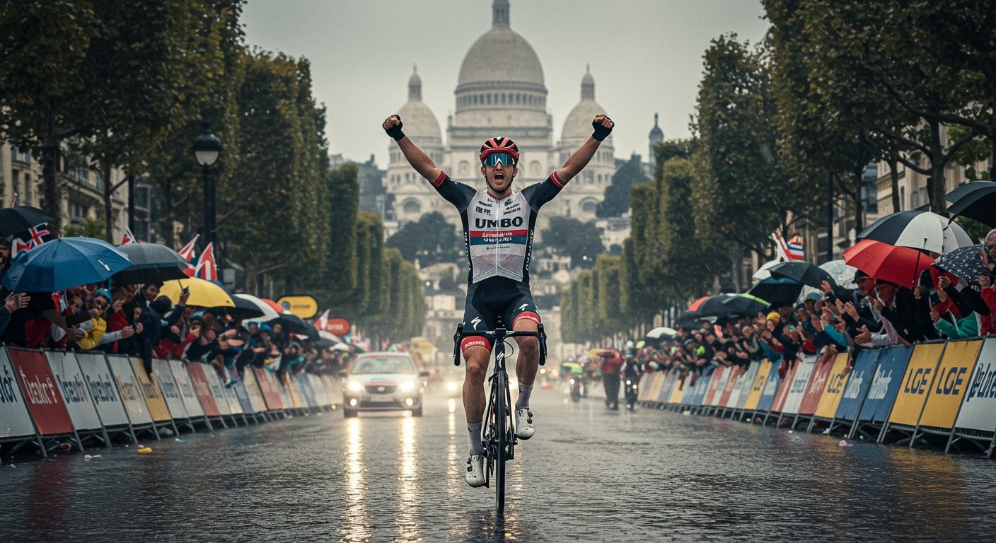 Wout Van Aert domine la 21e étape du Tour de France 2025 à Paris, sous la pluie, sur les Champs-Élysées. Découvrez le classement et les moments clés !