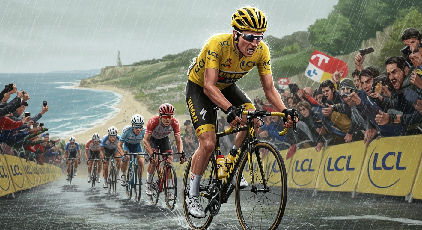 Mathieu Van der Poel s’impose au sprint à Boulogne-sur-Mer, devançant Pogacar et Vingegaard pour décrocher le maillot jaune lors de la 2e étape du Tour de France 2025.