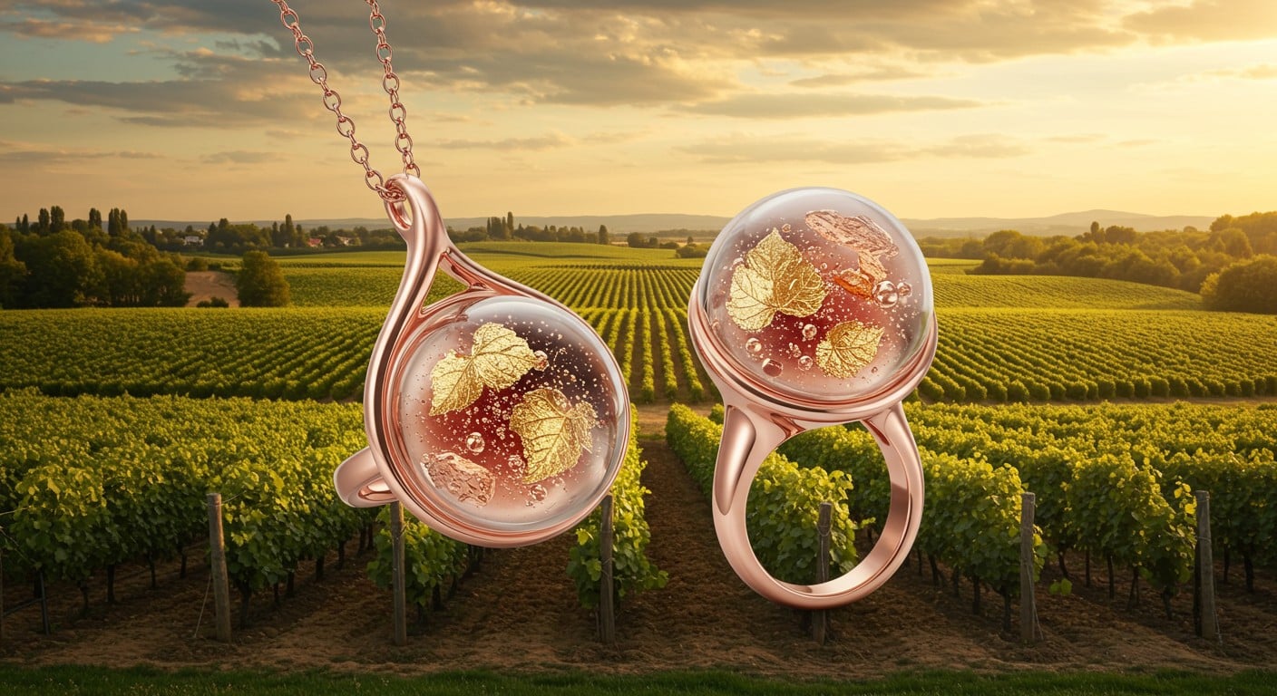 Découvrez "L’Or des Vignes", une collection de bijoux mêlant champagne rosé et or recyclé, née dans l’Aube. Un savoir-faire unique et écoresponsable.