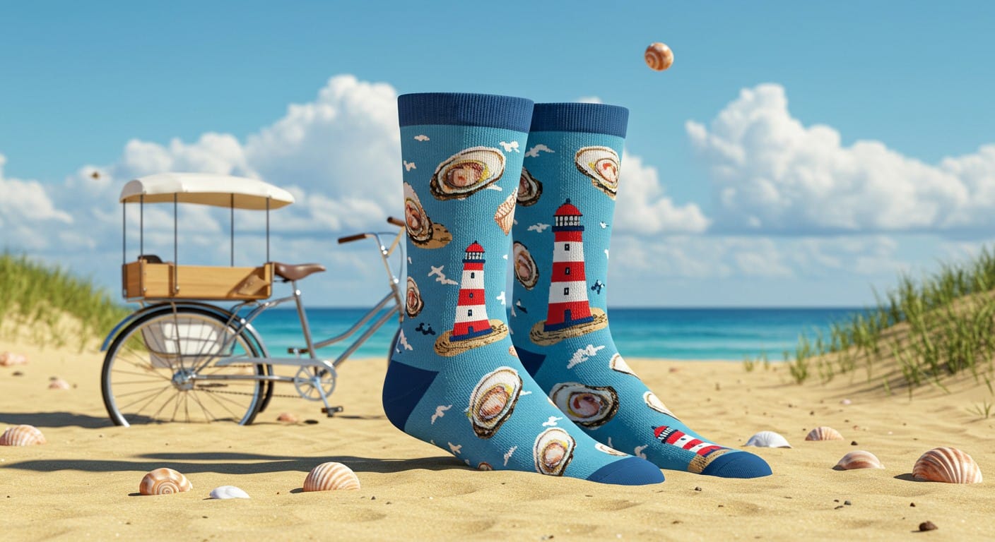 Maxence Pugliesi-Conti cartonne avec ses chaussettes à motifs d’Oléron : huîtres, phares, coquillages. Découvrez son parcours entrepreneurial !