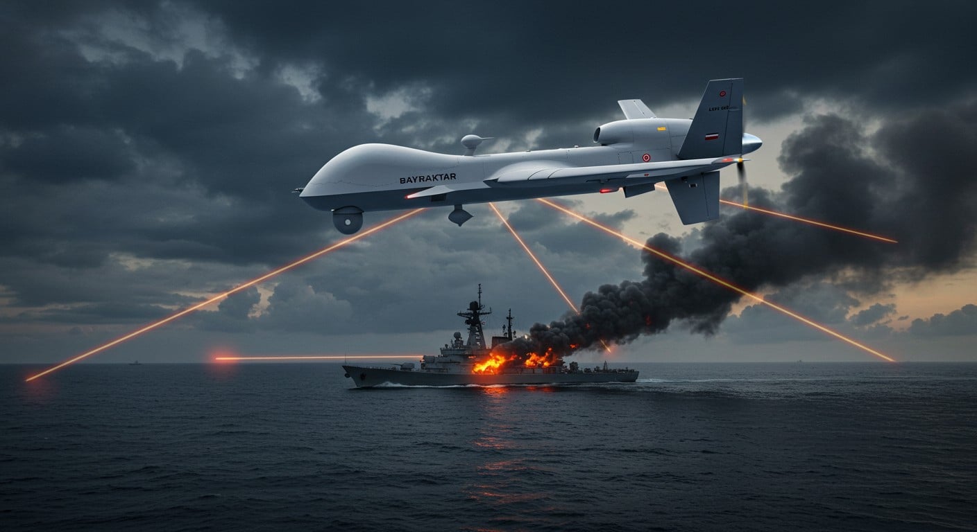 Le drone Bayraktar TB2 frappe à nouveau en Ukraine, coulant un navire russe en Mer Noire. Découvrez son rôle clé dans le conflit et son retour inattendu.