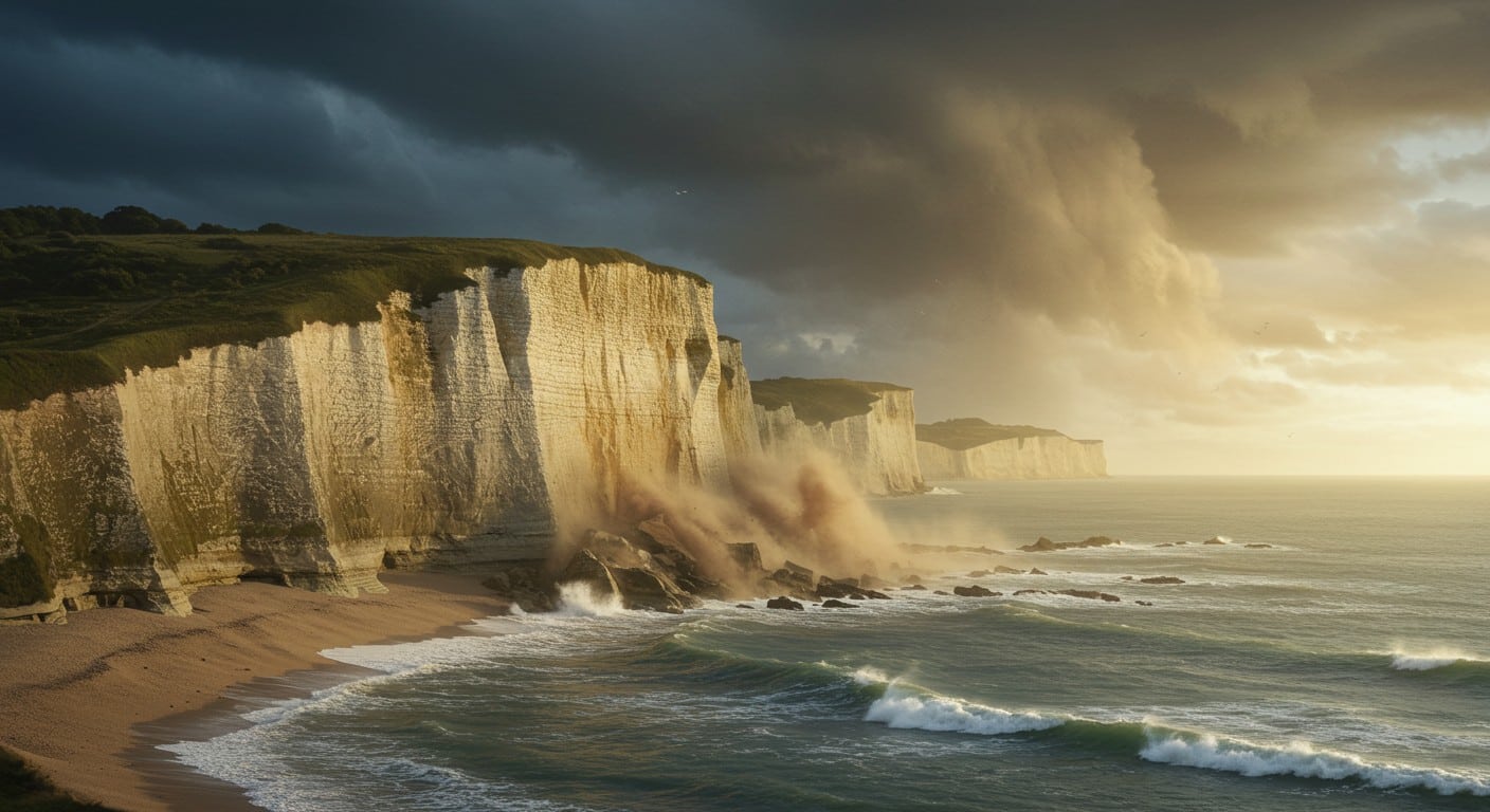 Un pan de falaise s’effondre sur une plage normande, un spectacle naturel saisissant. Découvrez les causes, impacts et conseils pour votre sécurité.