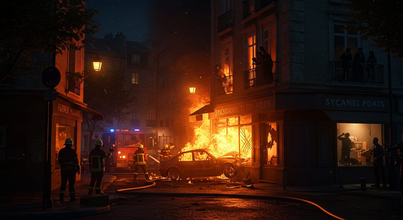 Un incendie criminel secoue Poissy : une voiture-bélier en feu détruit des commerces et menace des logements. Enquête ouverte, habitants sous le choc.