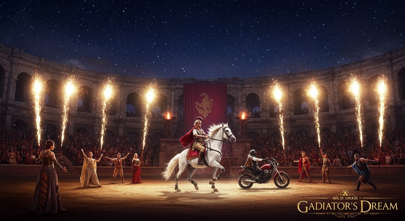 Spectacle grandiose à Nîmes : Le Rêve du Gladiateur mêle arts circassiens, voltige et pyrotechnie dans les arènes. Découvrez cette fusion d’Antiquité et modernité !