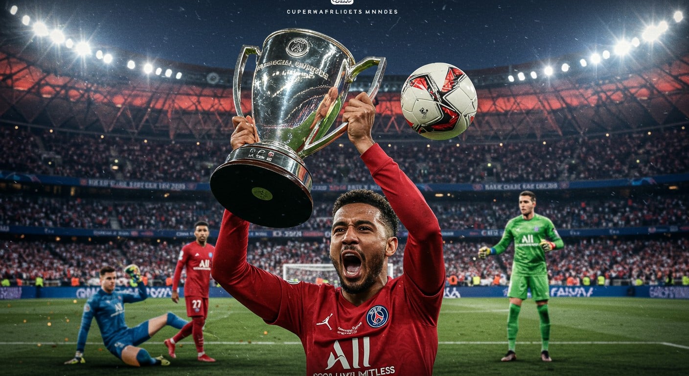 Marquinhos célèbre la victoire du PSG en Supercoupe avec un message touchant à Donnarumma et un geste fort pour Zabarnyi. Découvrez l’émotion du sacre !