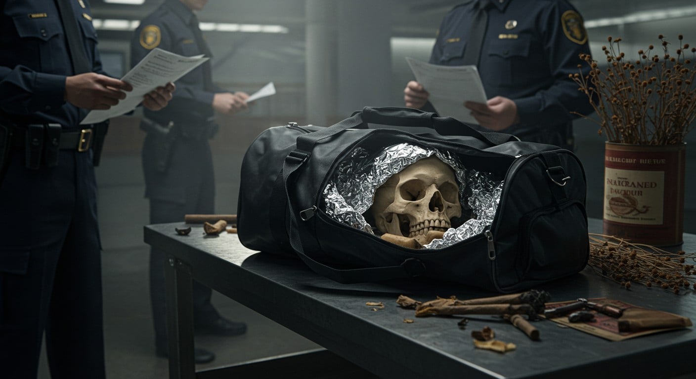 Crâne humain et restes découverts dans une valise à l’aéroport de Tampa. Un rituel mystérieux ? Découvrez les détails troublants de cette affaire insolite.