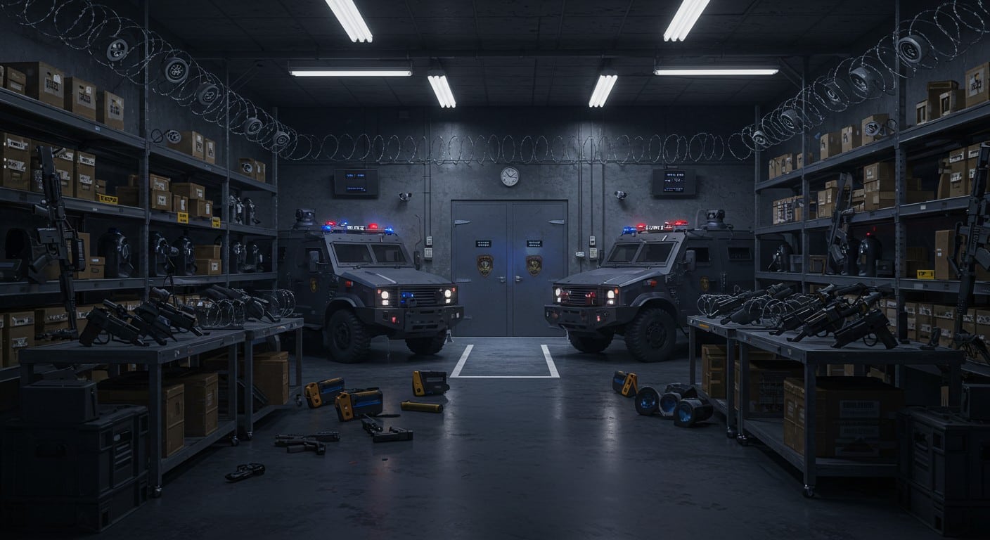 Explorez l’arsenal secret de la police : armes, équipements et véhicules stockés dans un lieu sécurisé. Découvrez les coulisses !