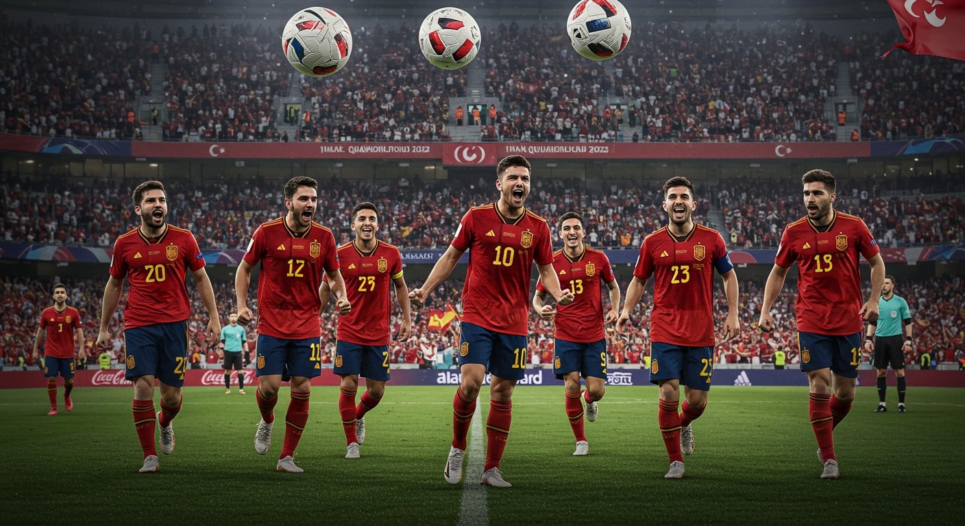 Découvrez la démonstration espagnole en Turquie (0-6) lors des qualifications Mondial 2026. Buts magnifiques, triplé de Merino et domination collective : un match inoubliable pour la Roja !