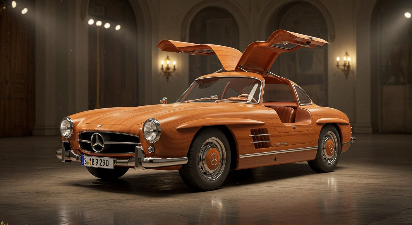 Une Mercedes 300 SL en bois exposée au public : découvrez ce chef-d’œuvre artisanal unique, mêlant passion automobile et savoir-faire d’exception.