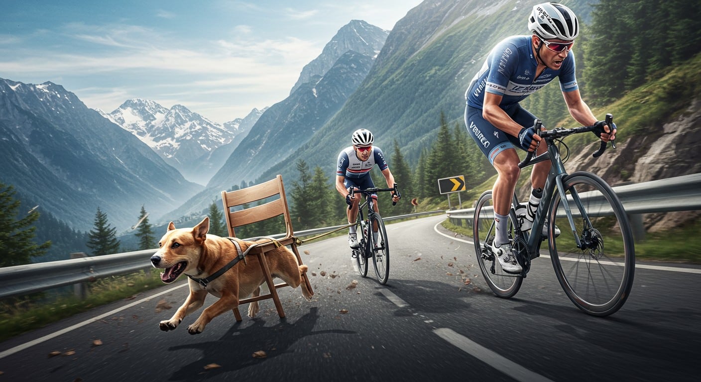 Un chien attaché à une chaise surgit sur la Vuelta 2025, frôlant l’accident. Découvrez les dangers des animaux sur les courses cyclistes et comment les éviter.