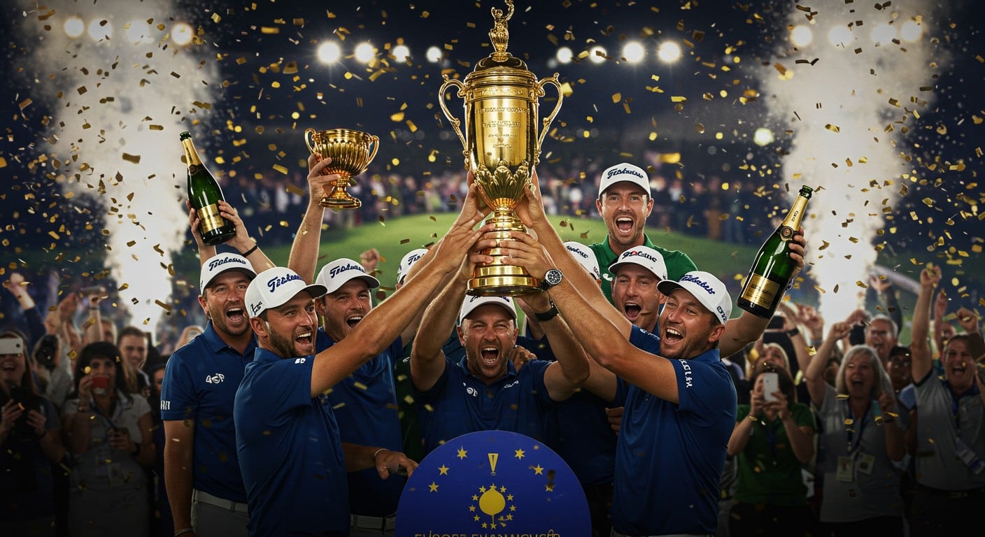 La Ryder Cup 2025 s'achève en apothéose : 120 bouteilles de champagne et une soirée mémorable pour l'équipe européenne. Découvrez les coulisses !