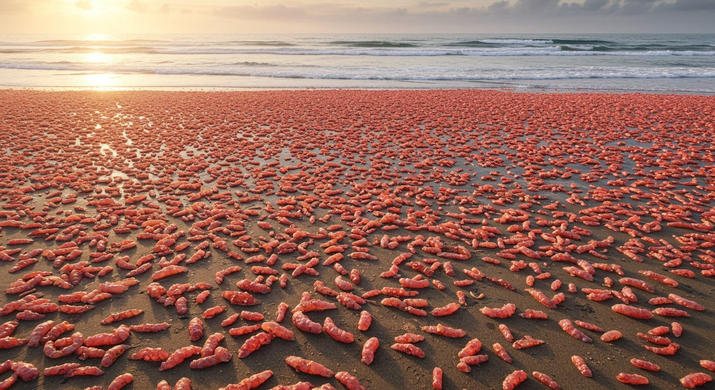 Découvrez pourquoi des milliers de concombres de mer roses envahissent une plage en Oregon. Phénomène rare dû à marées et vaguesAnalysant l'événement- Des milliers de concombres de mer se sont échoués sur une plage de l'Oregon, attirant l'attention des locaux et des experts. : ils vont s'assécher. Explications fascinantes !