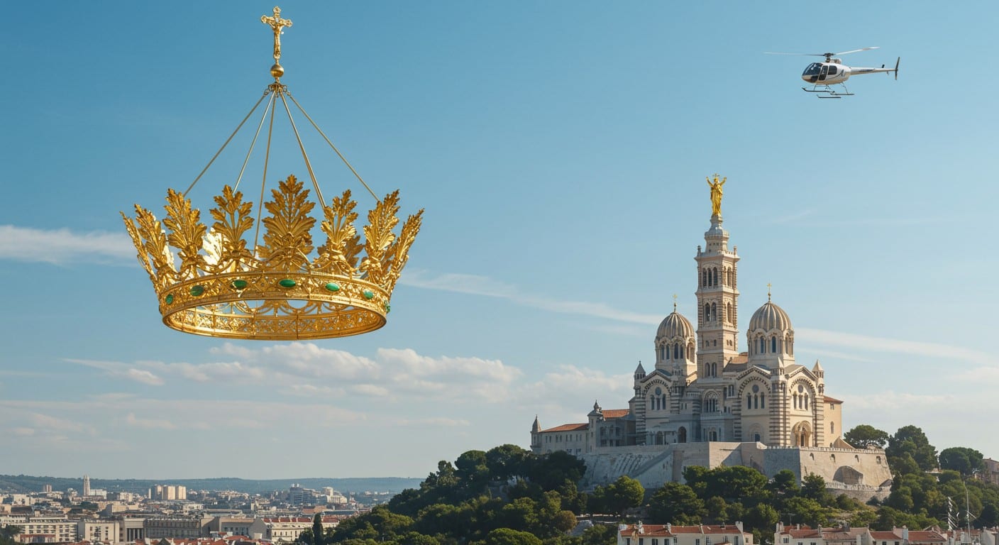 La couronne de Notre-Dame-de-la-Garde, restaurée et dorée, retrouve sa place à Marseille par hélicoptère. Découvrez ce moment historique !