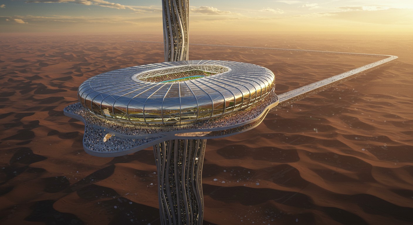 Découvrez le Neom Stadium, stade futuriste de 46 000 places suspendu à 350m dans The Line. Innovation saoudienne pour la Coupe du Monde 2034 : design, durabilité et défis expliqués.