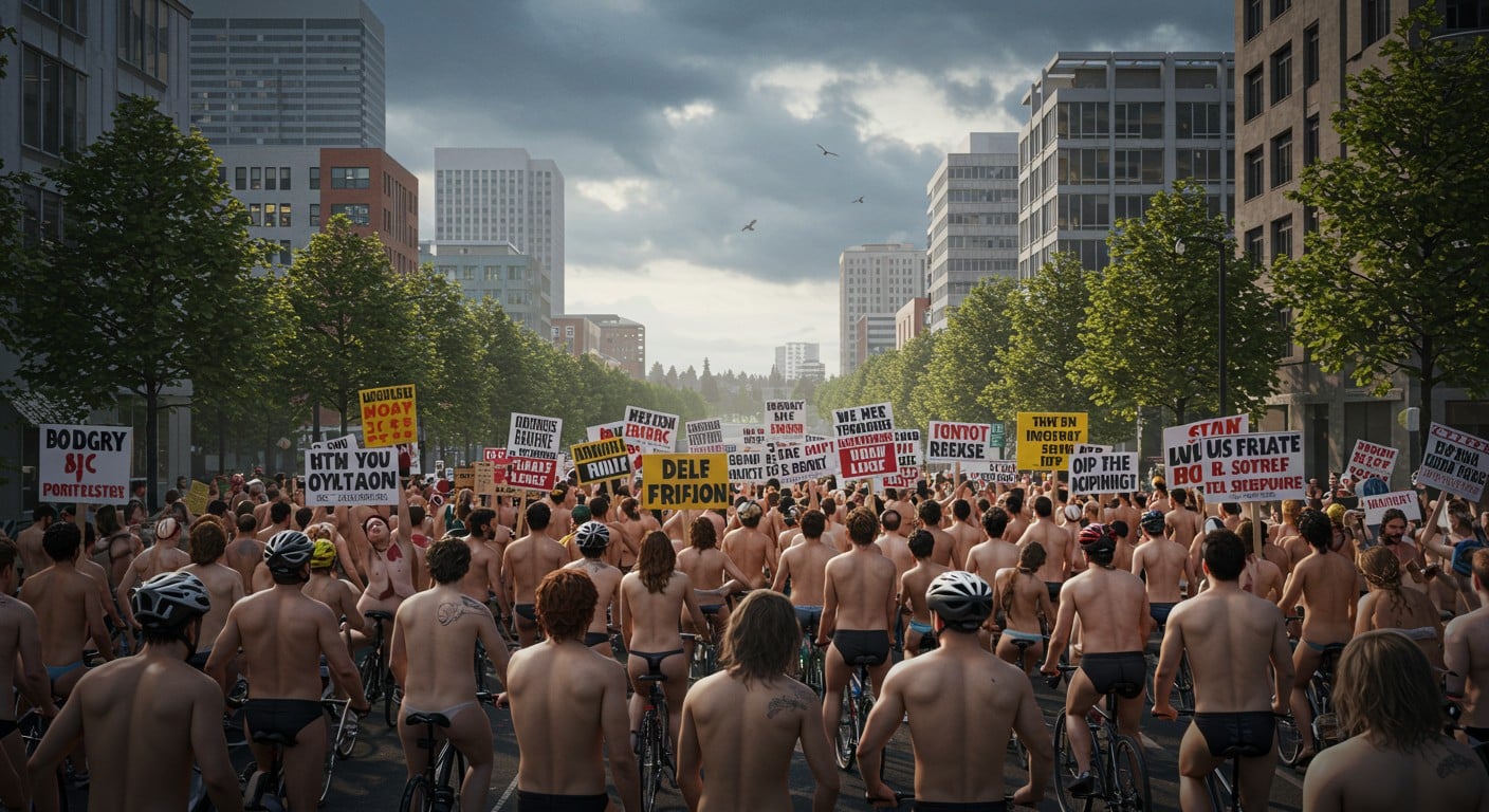 À Portland, des cyclistes nus protestent contre les politiques migratoires de Trump lors du World Naked Bike Ride. Découvrez ce mouvement audacieux !
