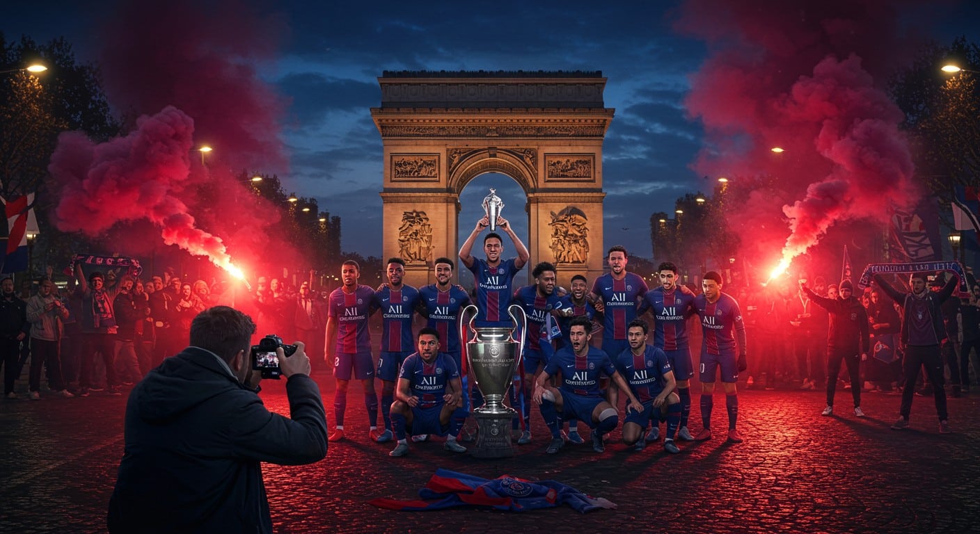 Découvrez la photo officielle du sacre PSG en Ligue des Champions, prise sur les Champs-Élysées. Tirages limités en vente, bénéfices pour œuvres sociales. Un souvenir historique !