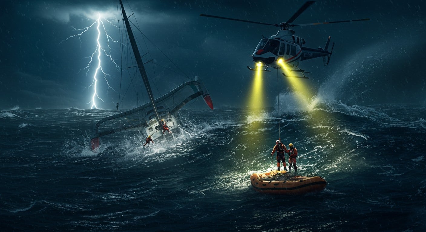 Découvrez la vidéo exclusive du sauvetage nocturne des skippers après le chavirage de leur Ocean Fifty. Tempête, hélitreuillage : une opération héroïque en mer !