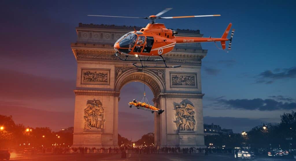 Un Homme Évacué par Hélico au-dessus de l’Arc de Triomphe