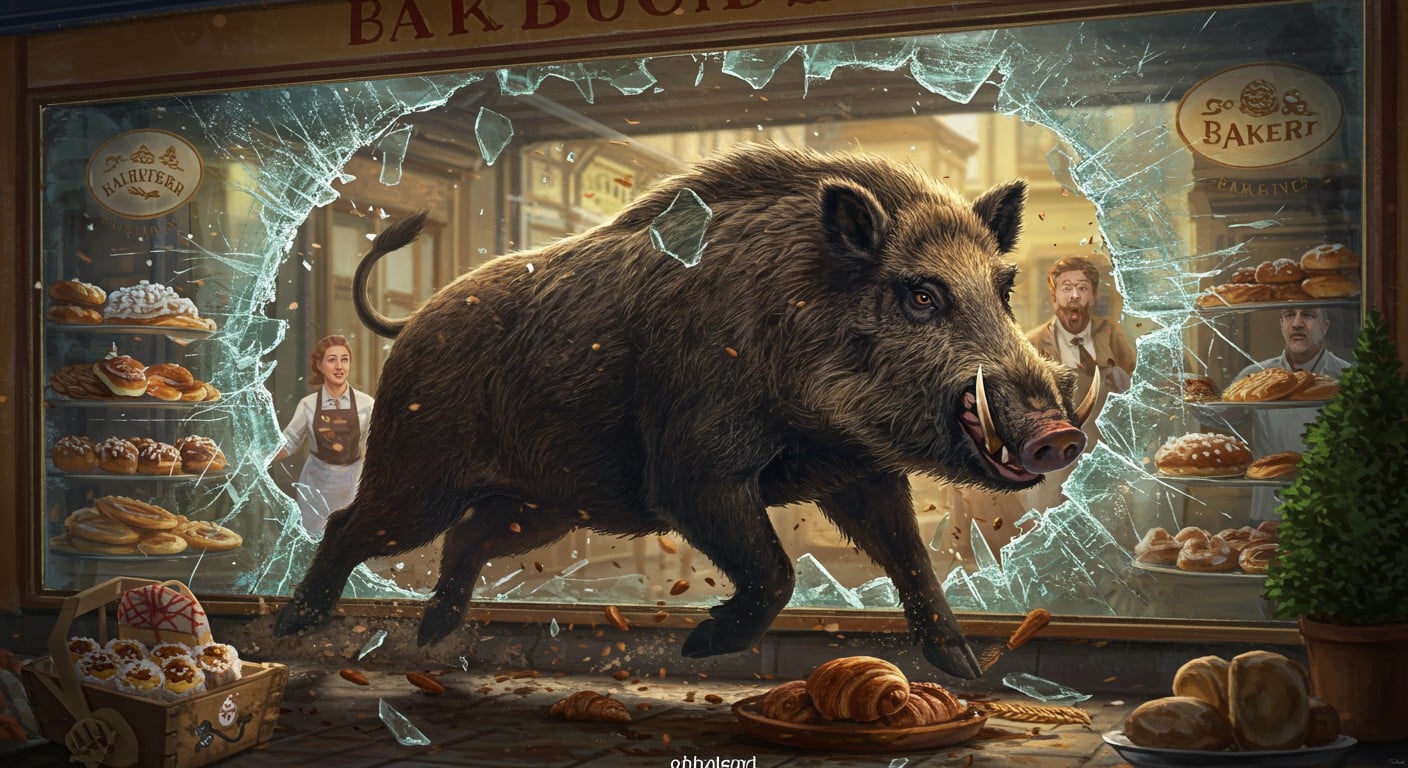 Un sanglier en fuite sème la panique en fracassant la vitrine d’une boulangerie. Découvrez ce fait divers incroyable et ses conséquences inattendues.
