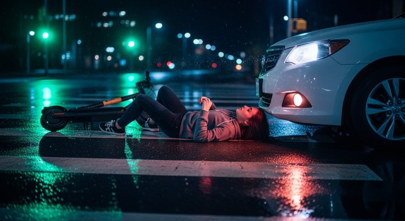 Une jeune femme de 18 ans chute en trottinette sur un passage piéton et se fait écraser par une voiture au feu vert. Images choc, miracle sans gravité… La sécurité des trottinettes en question.